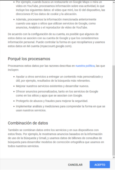 Servicio de Google con sus términos y condiciones