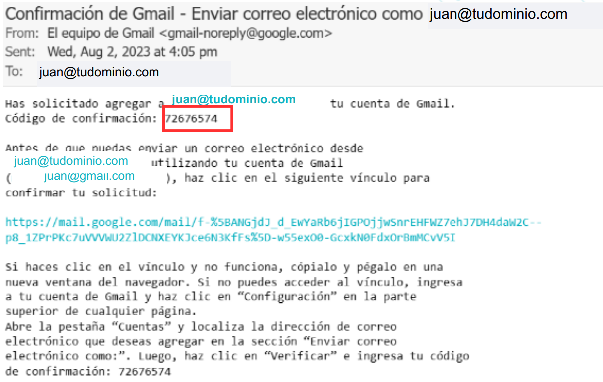 Código confirmación Gmail