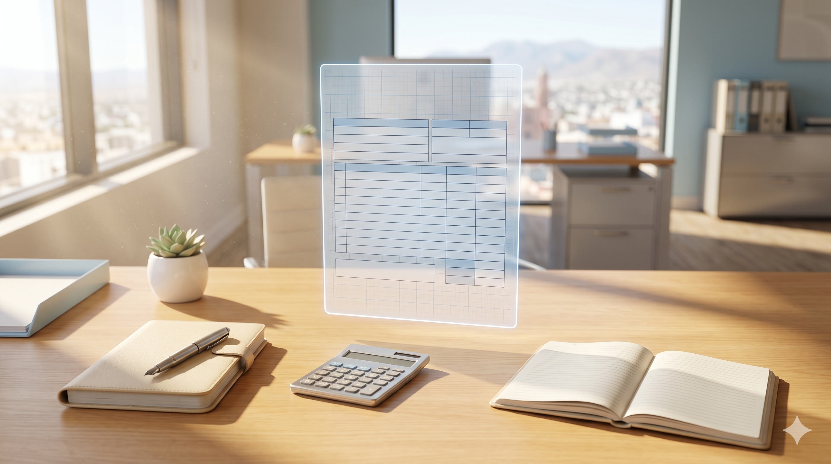 Escritorio moderno con factura digital flotante representando la generación de facturas en Genuino Cloud