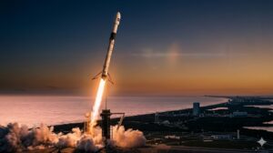 Cohete Falcon de SpaceX despegando al atardecer simbolizando la IPO de SpaceX y su valuación récord de $1,77 billones.