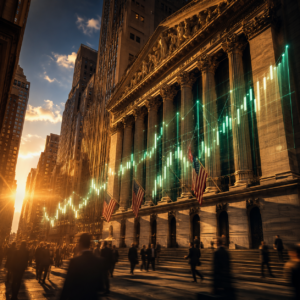 IPO de OpenAI: fachada de la Bolsa de Nueva York con gráficos bursátiles holográficos al amanecer