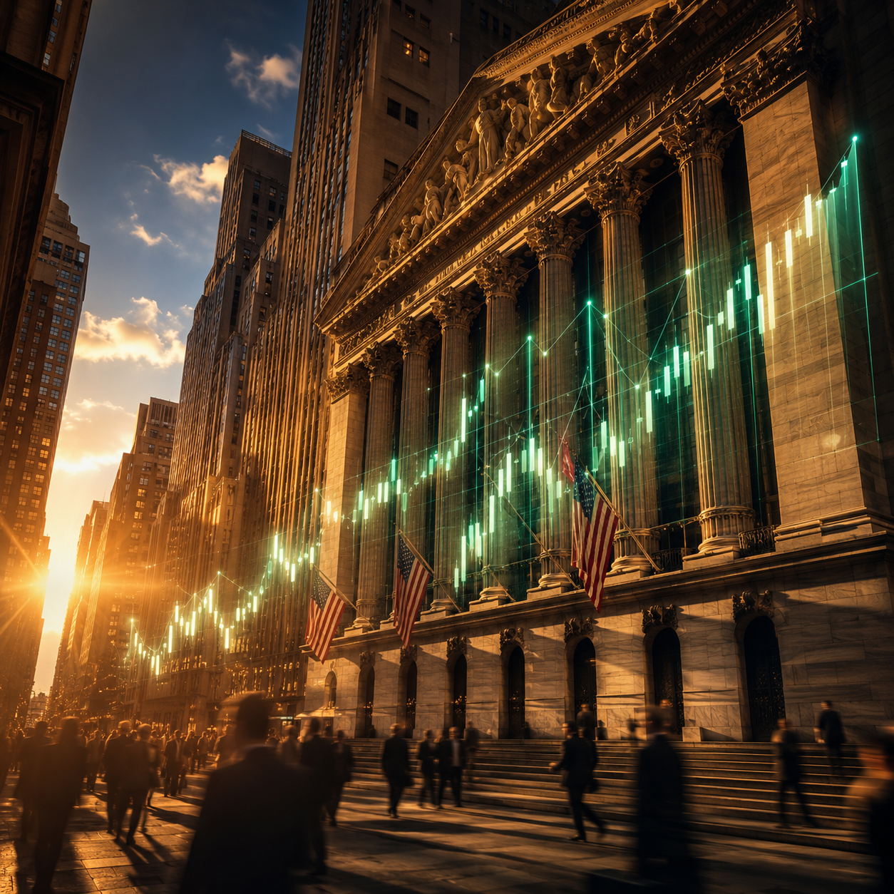 IPO de OpenAI: fachada de la Bolsa de Nueva York con gráficos bursátiles holográficos al amanecer