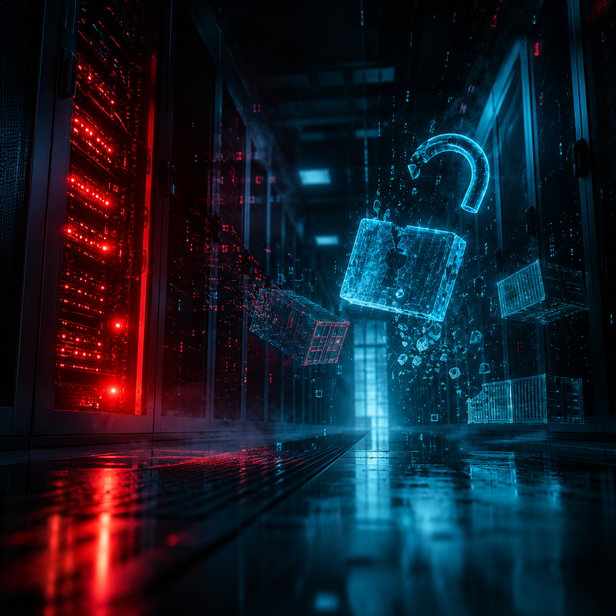 Vulnerabilidad del kernel de Linux: rack de servidores con alertas rojas y un candado roto holográfico.