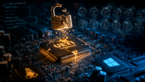 Chip UEFI en una placa base con un candado roto que ilustra el Secure Boot de Microsoft vulnerable durante una década.