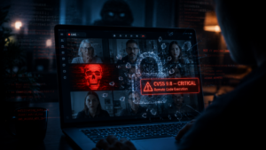 Pantalla de videollamada con alerta de seguridad por la vulnerabilidad crítica en Zoom que permite el secuestro de cuentas.