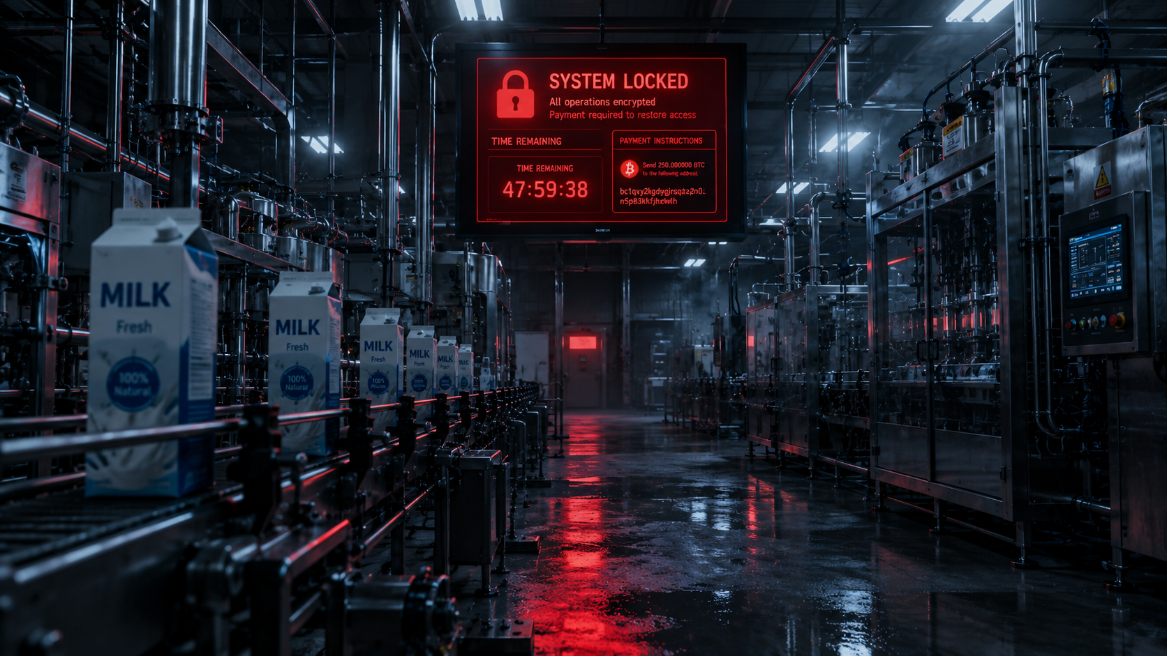 Planta de producción láctea detenida tras el ataque de ransomware a Fairlife, filial de Coca-Cola.