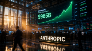 Gráfico bursátil ascendente junto al logo de Anthropic que representa la IPO de Anthropic y su valuación récord.