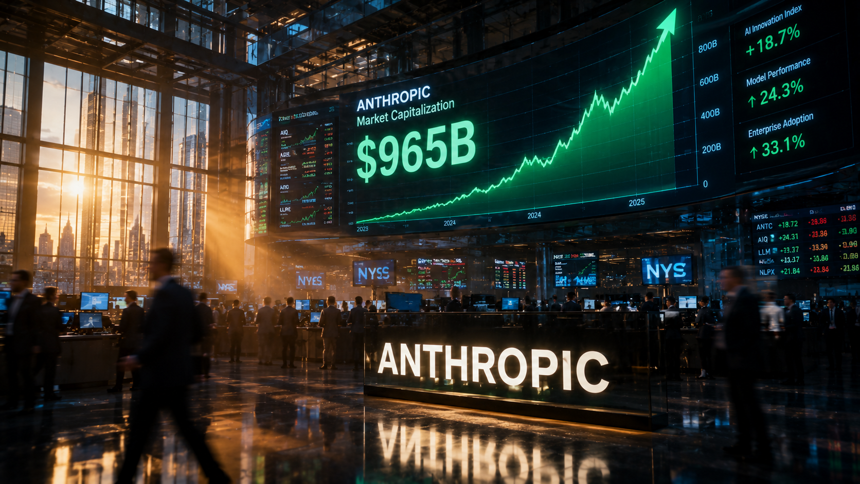 Gráfico bursátil ascendente junto al logo de Anthropic que representa la IPO de Anthropic y su valuación récord.