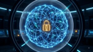 Candado luminoso frente a una red neuronal detenida, que ilustra la pausa de Astra de OpenAI por riesgo cibernético.