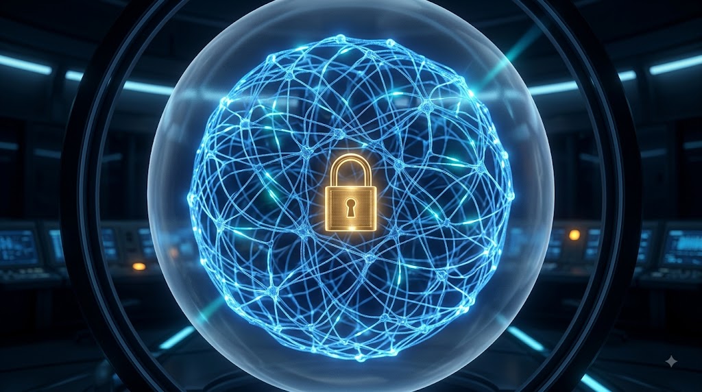 Candado luminoso frente a una red neuronal detenida, que ilustra la pausa de Astra de OpenAI por riesgo cibernético.
