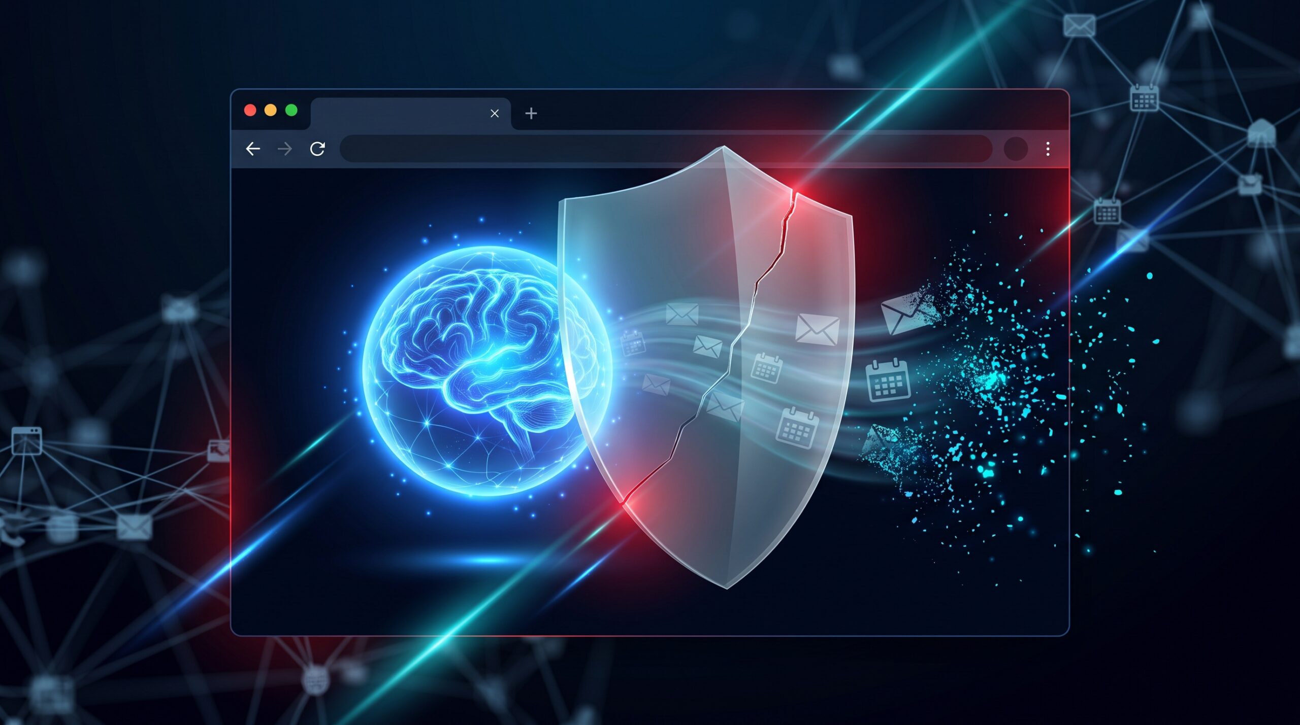 Asistente de IA con un escudo agrietado que ilustra la vulnerabilidad en Microsoft Copilot conocida como CoSnitch.