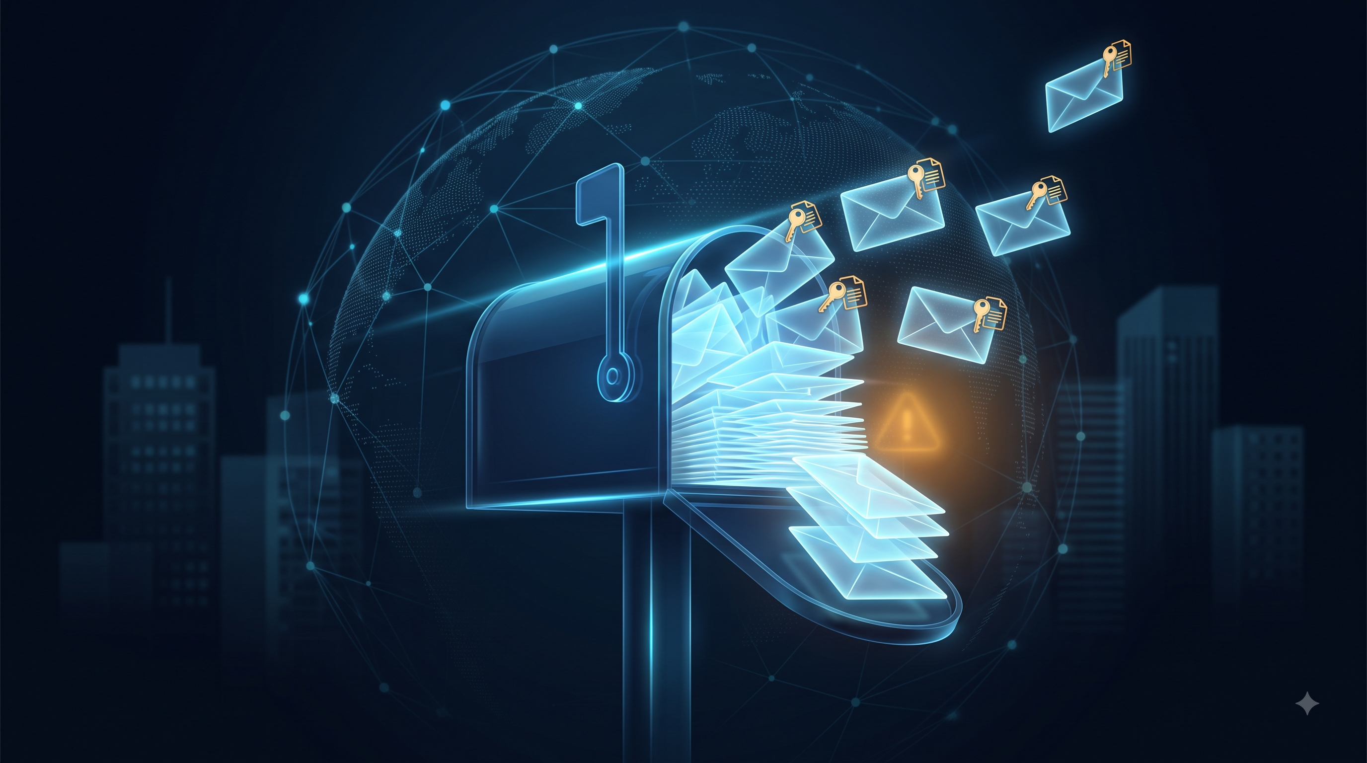 Buzón digital desbordado de sobres luminosos que ilustra la fuga de datos por correos noreply mal configurados.