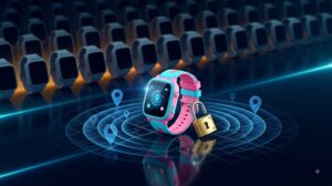 Reloj inteligente infantil con candado abierto y ondas de ubicación, que ilustra el riesgo de los smartwatches infantiles.