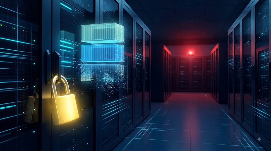 Candado abierto sobre racks de servidores con luz roja, ilustrando la vulnerabilidad del kernel de Linux CVE-2026-64564.
