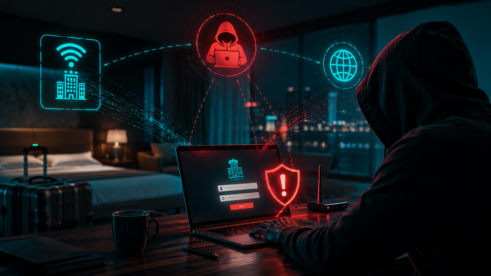 Ilustración de cómo roban cuentas de Microsoft 365 desde el Wi-Fi de hoteles