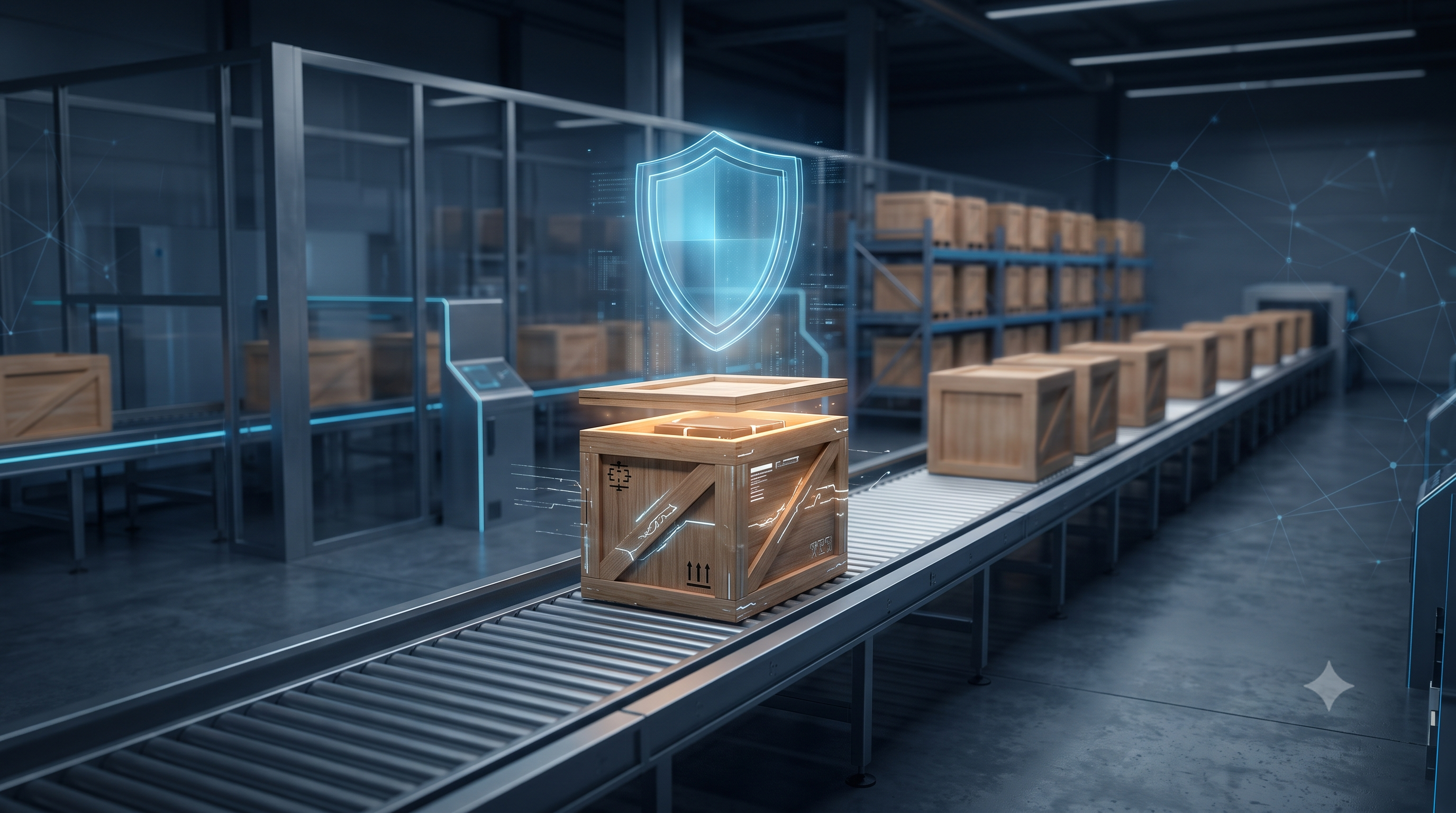 Cajas de envío en una cinta transportadora con escudo azul que ilustran el ataque a crates.io