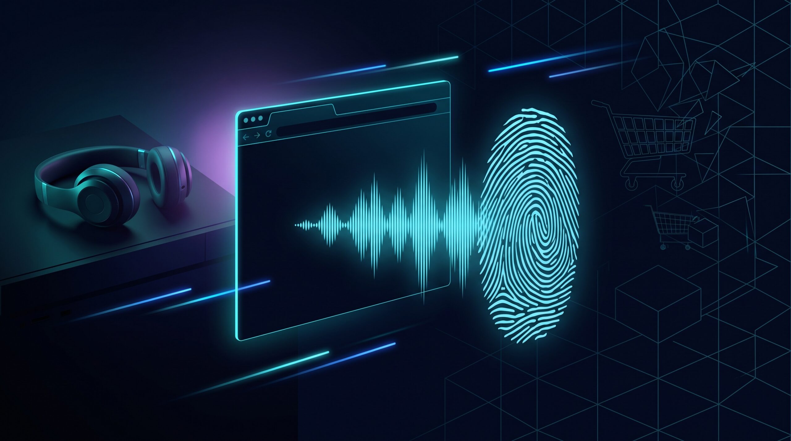 Fingerprinting de audio en AliExpress: onda de sonido invisible saliendo de un navegador junto a un escudo de privacidad.