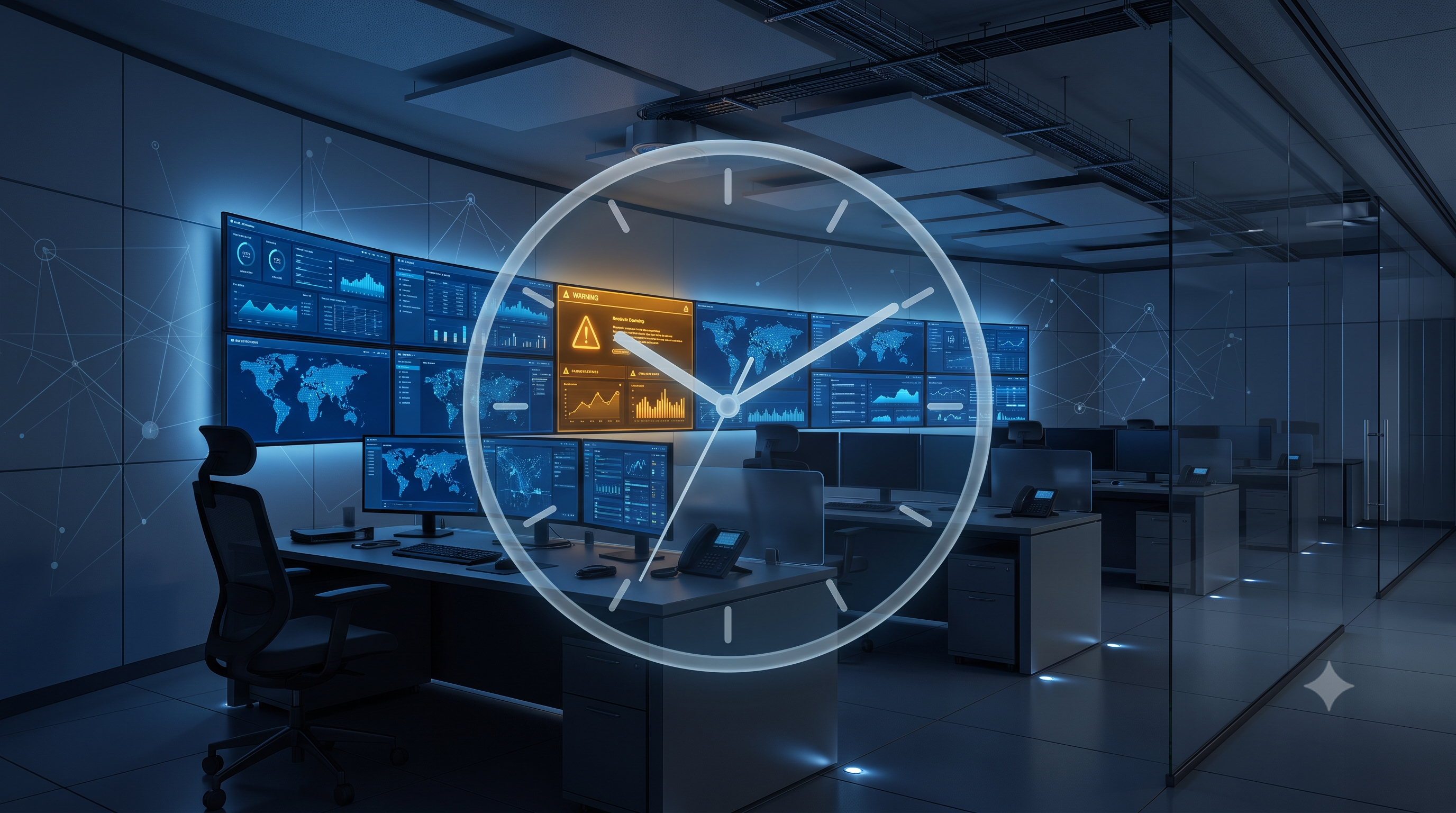 Centro de operaciones de seguridad con reloj superpuesto que ilustra un ransomware con agentes de IA