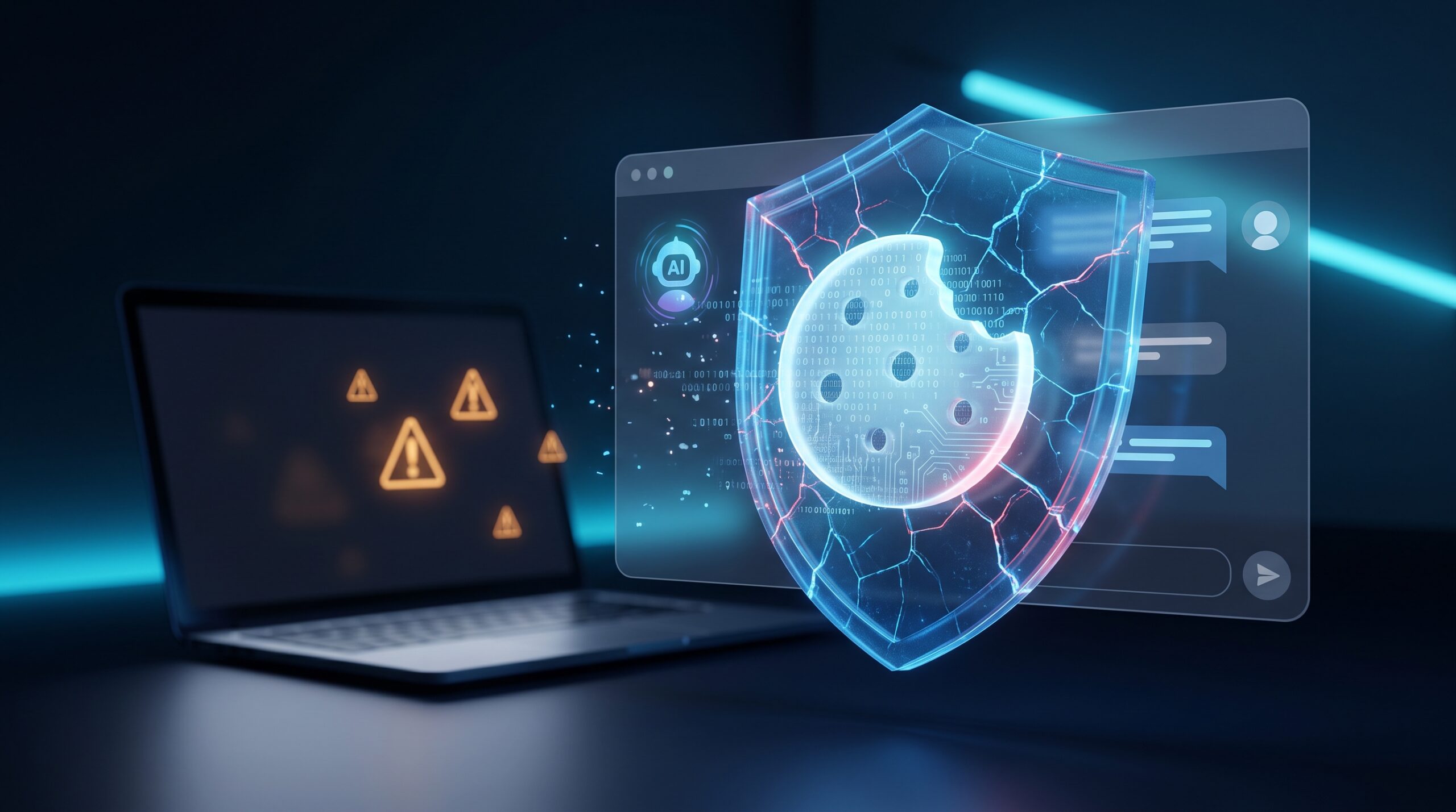 Malware infostealer en Claude: candado roto sobre una cookie de sesión de navegador junto a un escudo de seguridad azul.