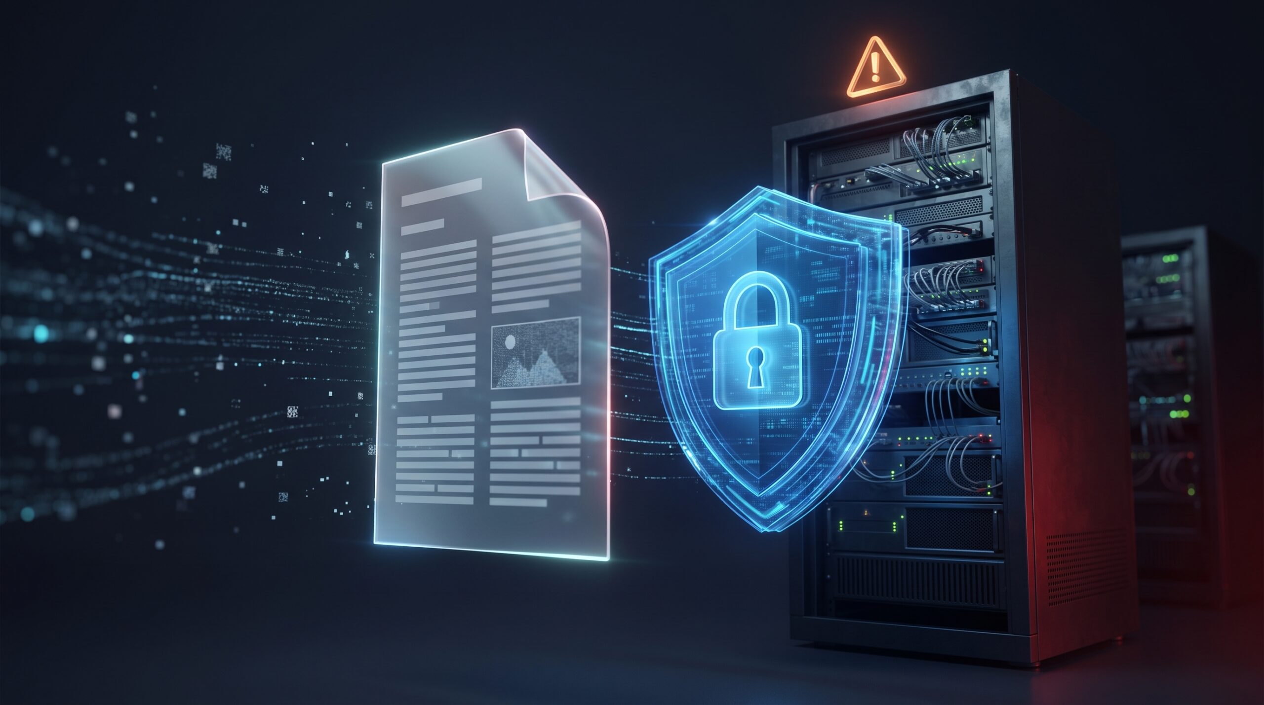 Documento PDF frente a un servidor con escudo y alerta roja, que ilustra la vulnerabilidad en Ghostscript en WordPress.
