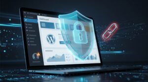 Escudo con candado sobre el panel de un sitio WordPress con una alerta roja, que ilustra la vulnerabilidad en Elementor.