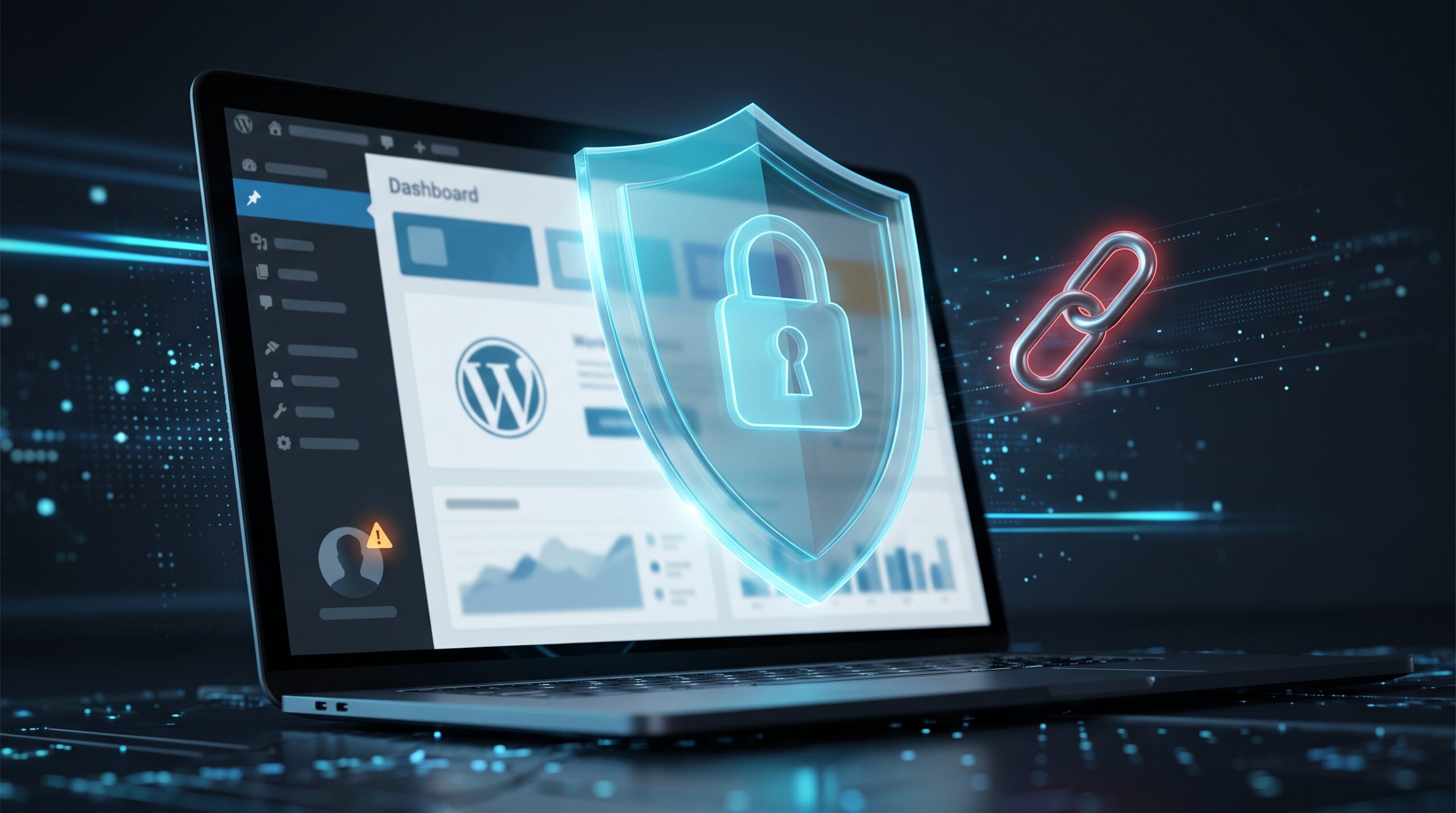 Escudo con candado sobre el panel de un sitio WordPress con una alerta roja, que ilustra la vulnerabilidad en Elementor.