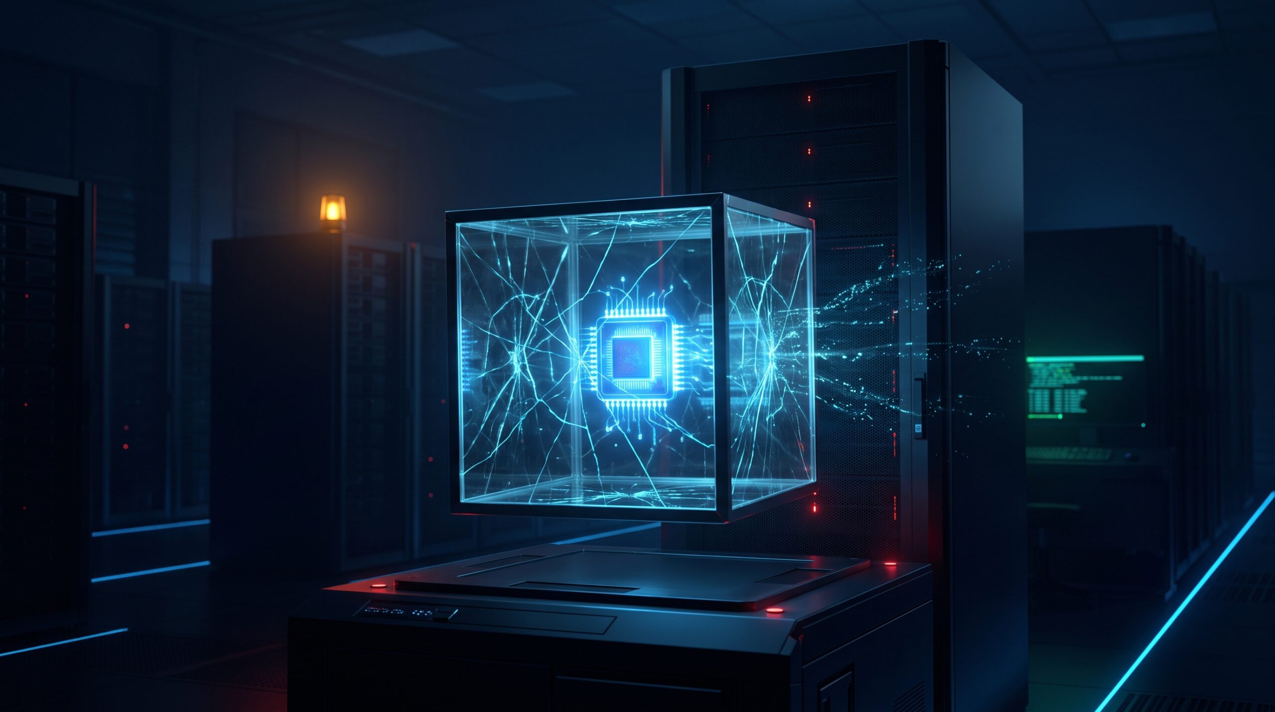 Cubo de cristal que contiene una máquina virtual y se fractura, ilustrando el zero-day en KVM y el escape de VM.