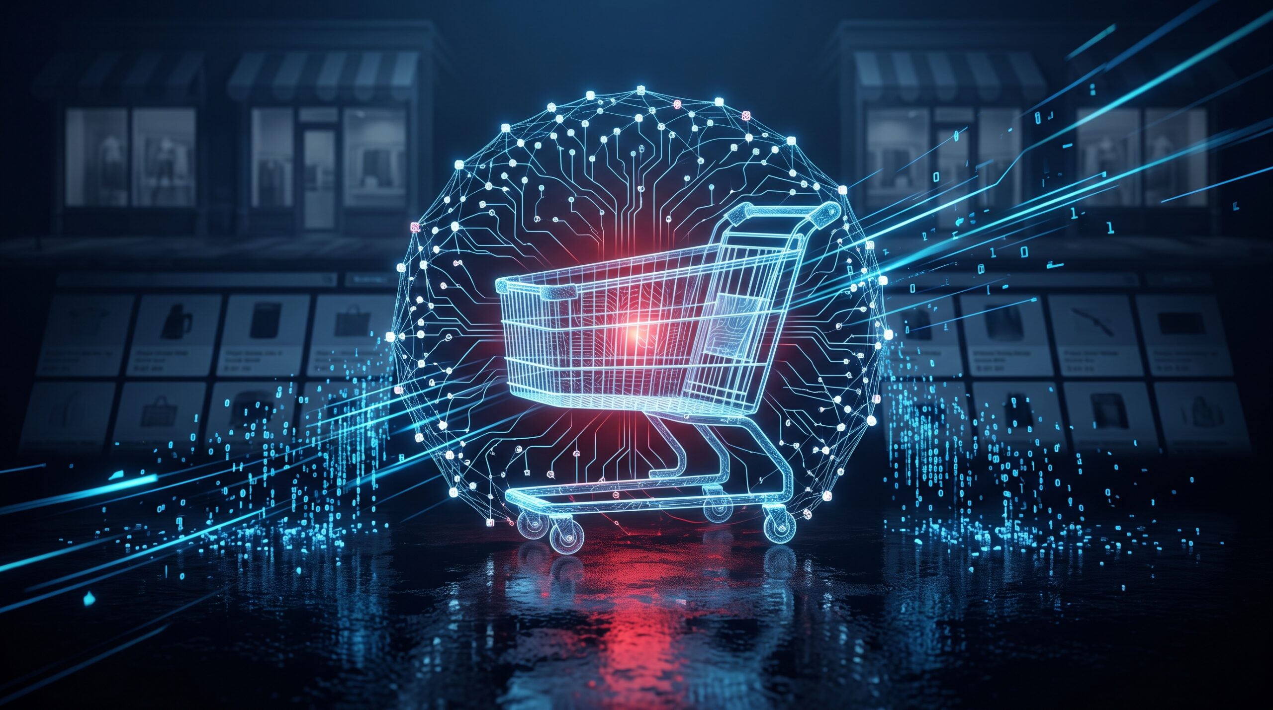 Carrito de compras digital rodeado de nodos de IA que ilustran los ataques con agentes de IA a tiendas en línea.