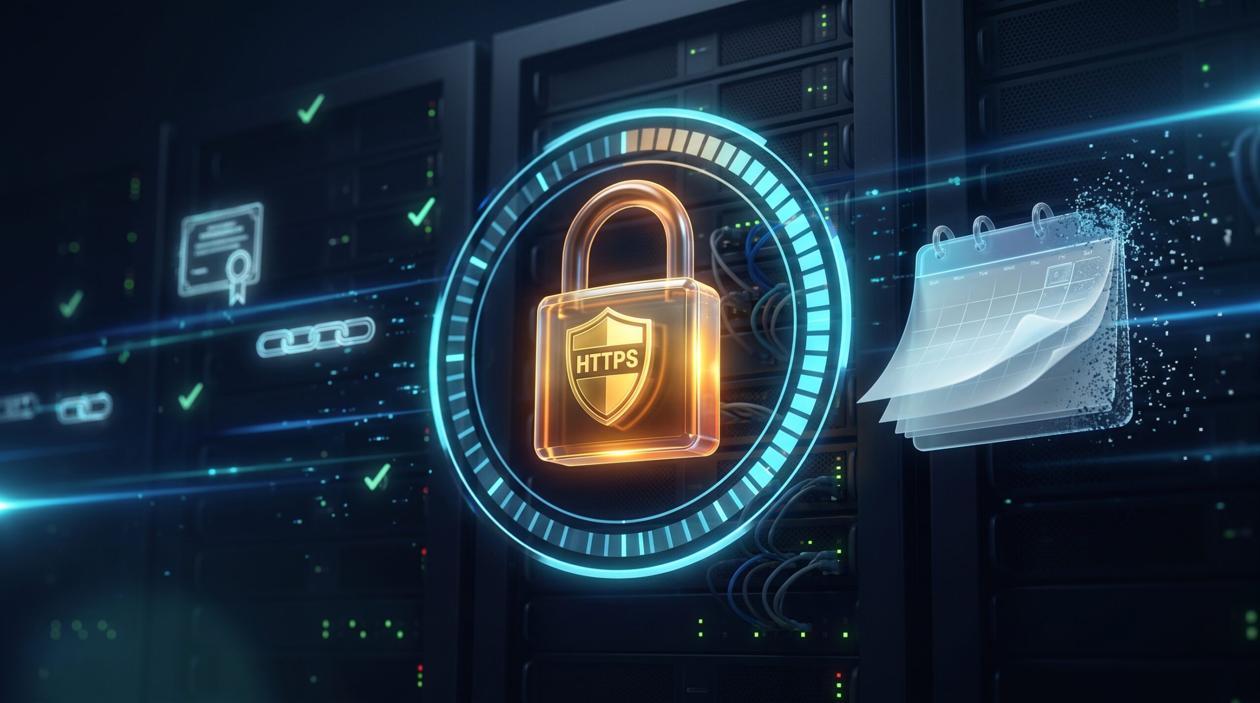 Candado HTTPS dorado con un calendario y un servidor al fondo, que ilustra los certificados de 64 días de Let's Encrypt.
